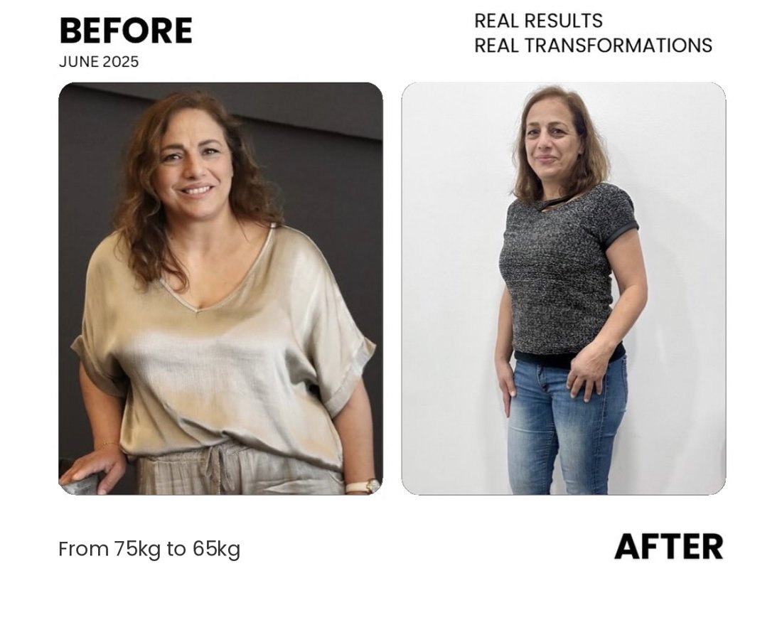 Female client before and after, from 75 kg to 65 kg